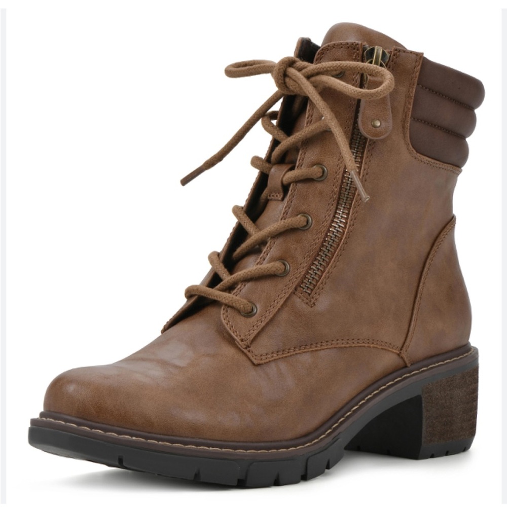 White Mountain Tan Lace-Up Block Heel Combat Boot